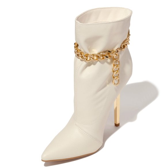 NEW🔥 Cream White Metallic Stiletto Heel Booties Ankle Boot Gold Chain Anklet - Picture 3 of 7